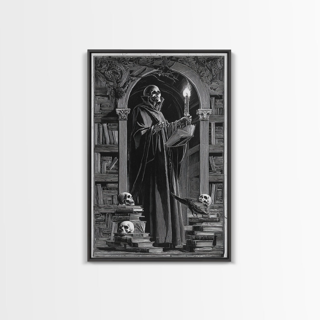 The Crypt Librarian, Symbolist Etching Art, Vertical Wall Art, Gothic Horror Wall Art, Framed Canvas Print, Halloween Wall Art