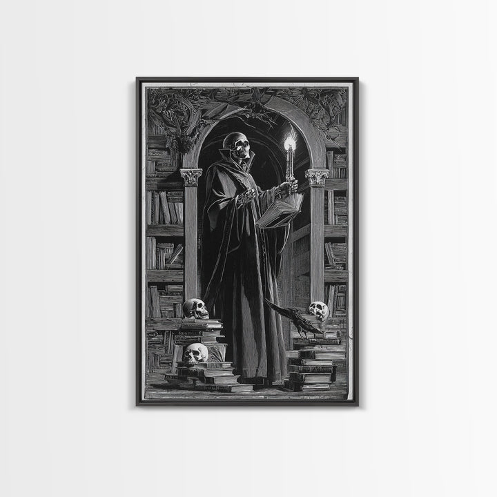 The Crypt Librarian, Symbolist Etching Art, Vertical Wall Art, Gothic Horror Wall Art, Framed Canvas Print, Halloween Wall Art