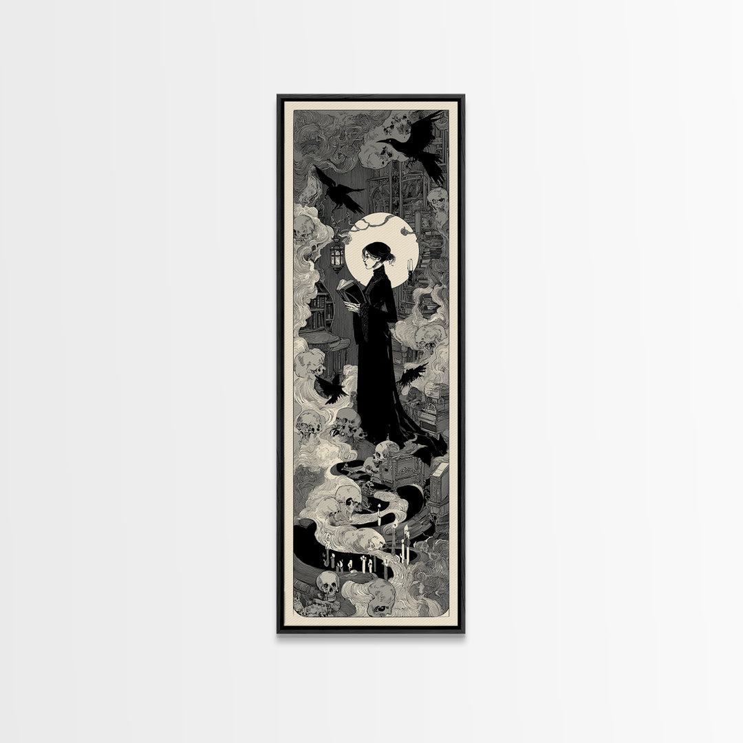 The Crypt Librarian, Decadent Line Art, Tall Narrow Wall Art, Dark Fantasy Wall Art, Framed Canvas Print, Halloween Wall Art