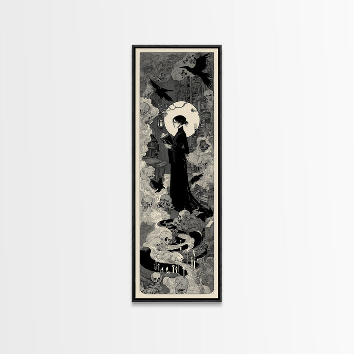 The Crypt Librarian, Decadent Line Art, Tall Narrow Wall Art, Dark Fantasy Wall Art, Framed Canvas Print, Halloween Wall Art