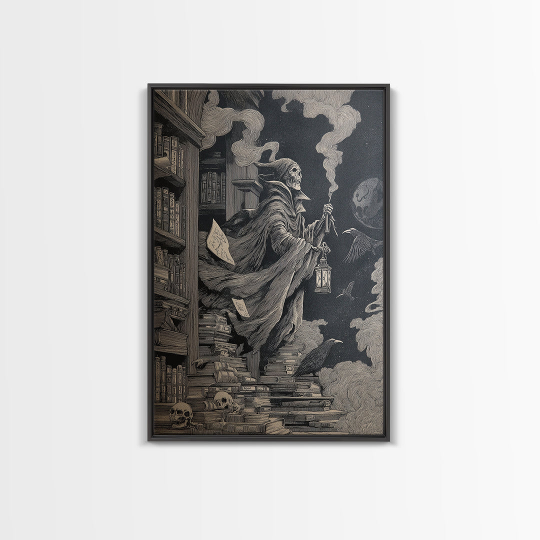 The Crypt Librarian, Victorian Macabre Art, Vertical Wall Art, Dark Halloween Decor, Framed Canvas Print, Halloween Wall Art