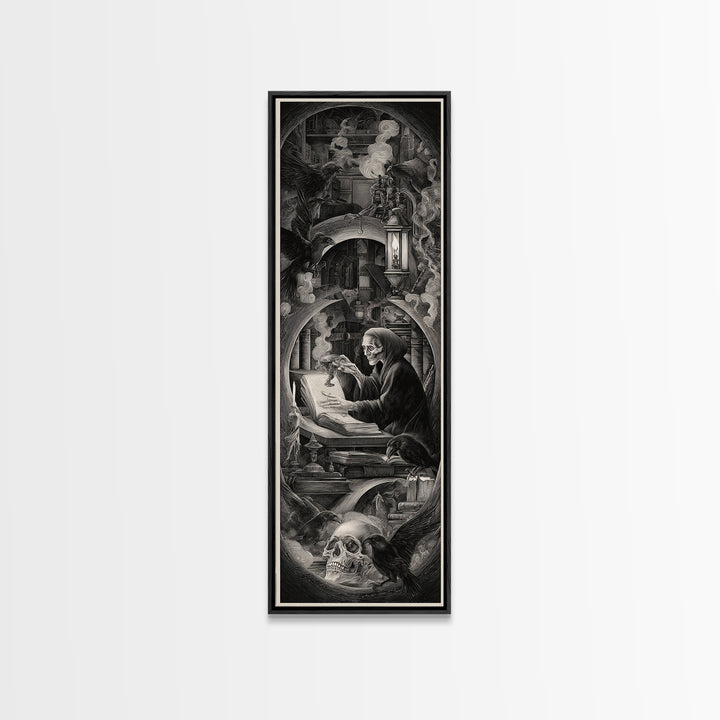 The Crypt Librarian, Biomechanical Horror Art, Tall Narrow Wall Art, Macabre Wall Art, Framed Canvas Print, Halloween Wall Art