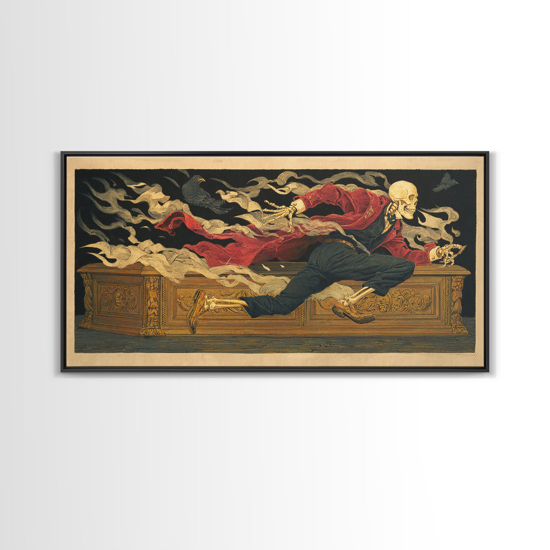 The Royal Coffin Maker, Macabre Folk Print Art, Wide Panoramic Art, Dark Halloween Decor, Framed Canvas Print, Macabre Wall Art