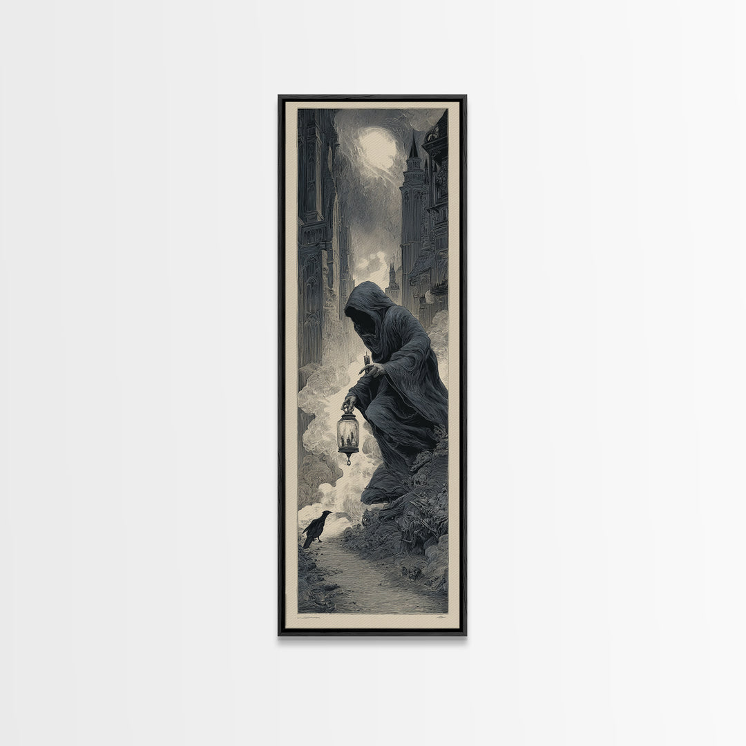 The Soul Collector, Gothic Engraving Art, Tall Narrow Wall Art, Dark Halloween Decor, Canvas Print, Halloween Wall Art