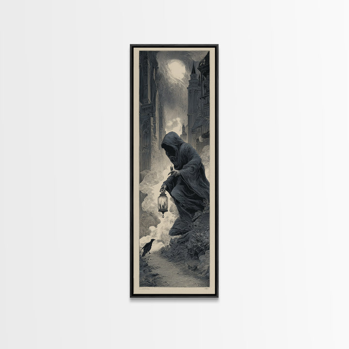 The Soul Collector, Gothic Engraving Art, Tall Narrow Wall Art, Dark Halloween Decor, Canvas Print, Halloween Wall Art