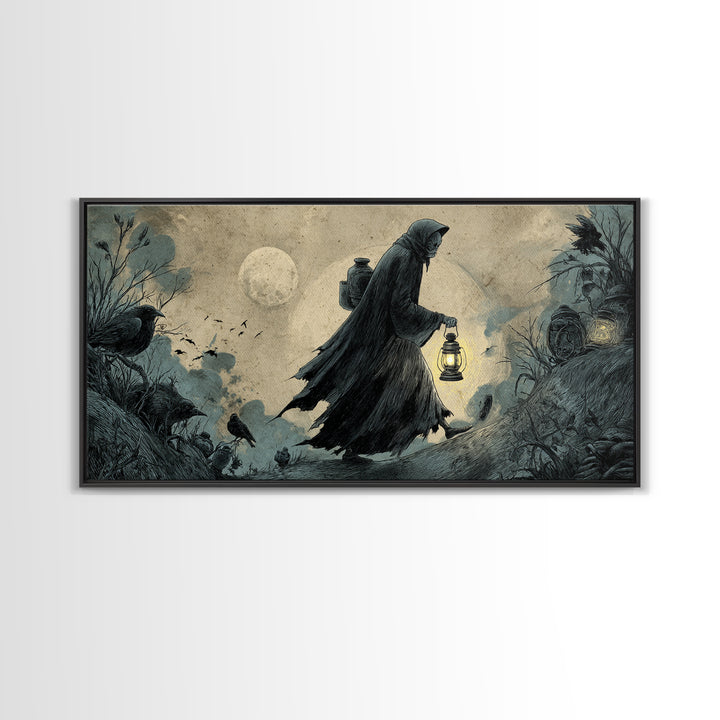 The Soul Collector, Expressionist Nightmare Art, Wide Panoramic Art, Dark Fantasy Wall Art, Framed Canvas Print, Halloween Wall Art