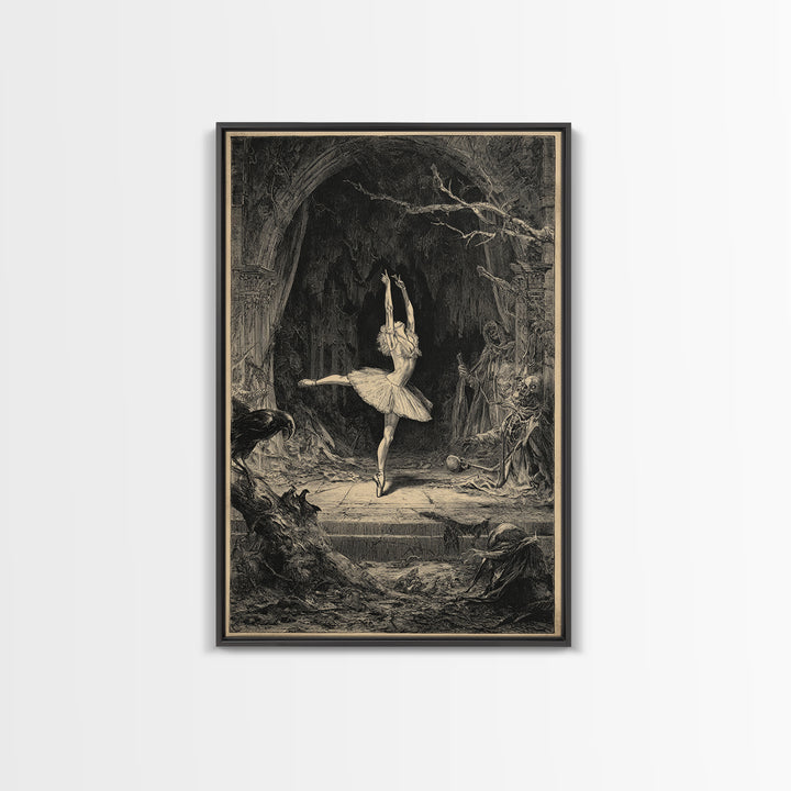 The Phantom Ballerina, Renaissance Engraving Art, Vertical Wall Art, Macabre Wall Art, Framed Canvas Print, Halloween Wall Art
