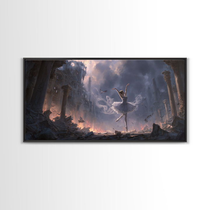 The Phantom Ballerina, Apocalyptic Romantic Art, Wide Panoramic Art, Macabre Wall Art, Framed Canvas Print, Halloween Wall Art