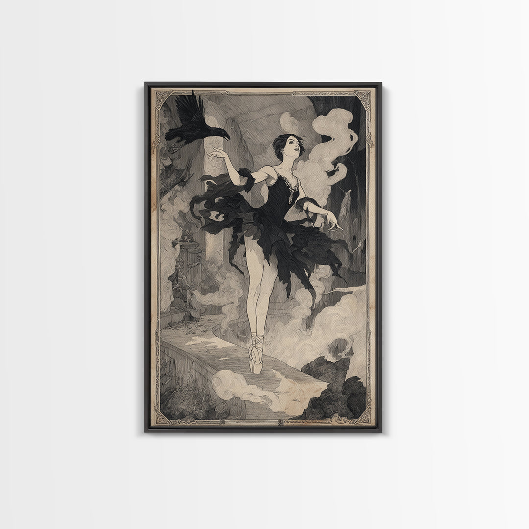 The Phantom Ballerina, Decadent Line Art, Vertical Wall Art, Dark Halloween Decor, Framed Canvas Print, Halloween Wall Art