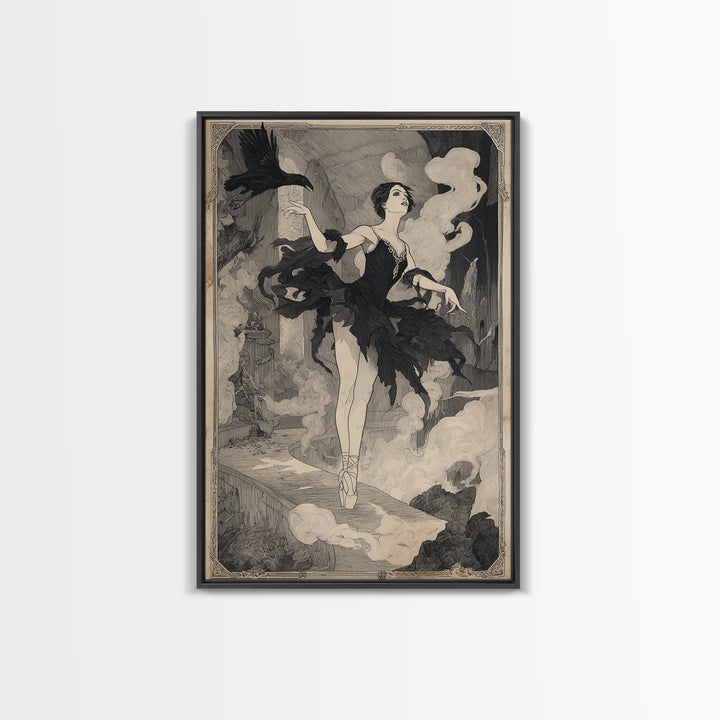 The Phantom Ballerina, Decadent Line Art, Vertical Wall Art, Dark Halloween Decor, Framed Canvas Print, Halloween Wall Art