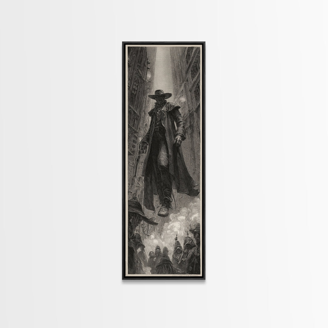 The Ghost Of The Witch Hunter, Gothic Engraving Art, Tall Narrow Wall Art, Dark Fantasy Wall Art, Canvas Print, Halloween Wall Art