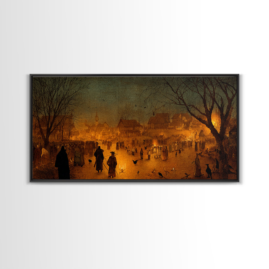 The Ghost Of The Witch Hunter, Northern Renaissance Horror, Wide Panoramic Art, Dark Fantasy Wall Art, Framed Canvas Print