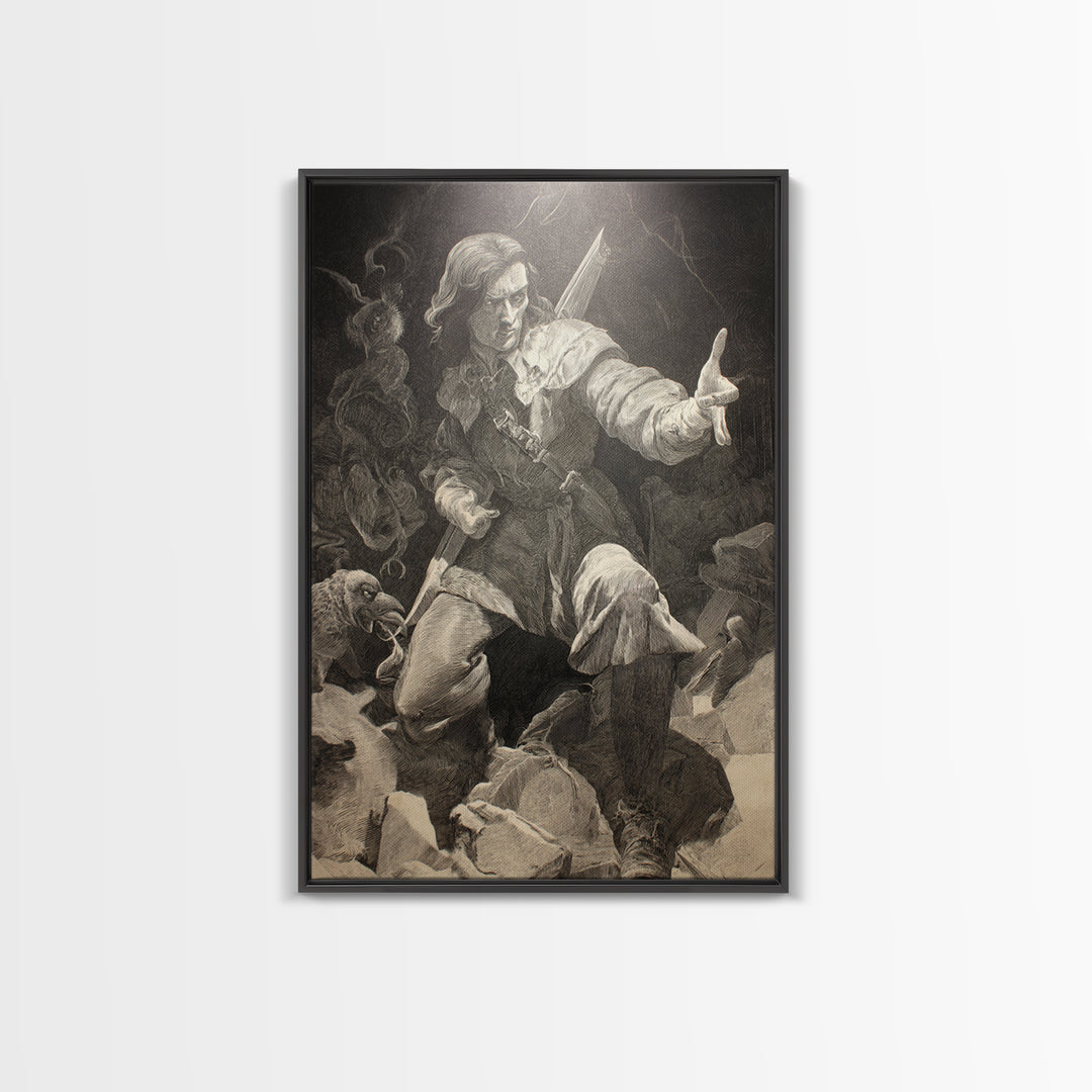 The Ghost Of The Witch Hunter, Renaissance Engraving Art, Vertical Wall Art, Macabre Wall Art, Framed Canvas Print, Halloween Wall Art