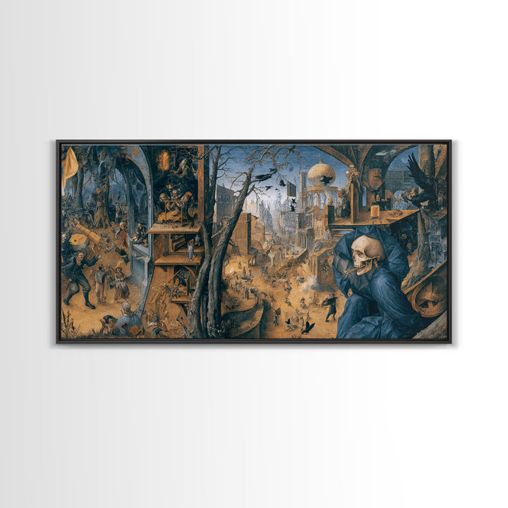 The Skull Astronomer, Northern Renaissance Horror, Wide Panoramic Art, Dark Fantasy Wall Art, Framed Canvas Print
