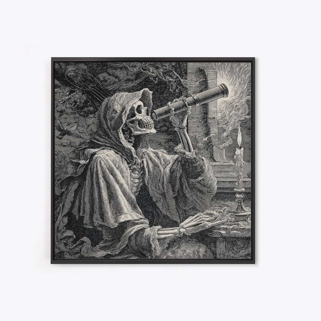 The Skull Astronomer, Renaissance Engraving Art, Square Wall Art, Dark Fantasy Wall Art, Framed Canvas Print, Halloween Wall Art