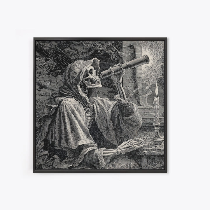 The Skull Astronomer, Renaissance Engraving Art, Square Wall Art, Dark Fantasy Wall Art, Framed Canvas Print, Halloween Wall Art