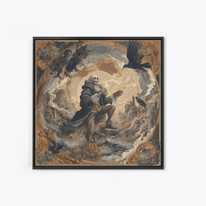 The Skull Astronomer, Baroque Witchcraft Art, Square Wall Art, Dark Fantasy Wall Art, Canvas Print, Halloween Wall Art