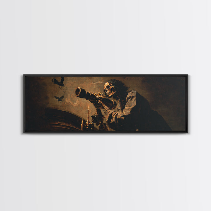 The Skull Astronomer, Dark Romantic Horror Art, Extra Wide Wall Art, Macabre Wall Art, Canvas Print, Halloween Wall Art