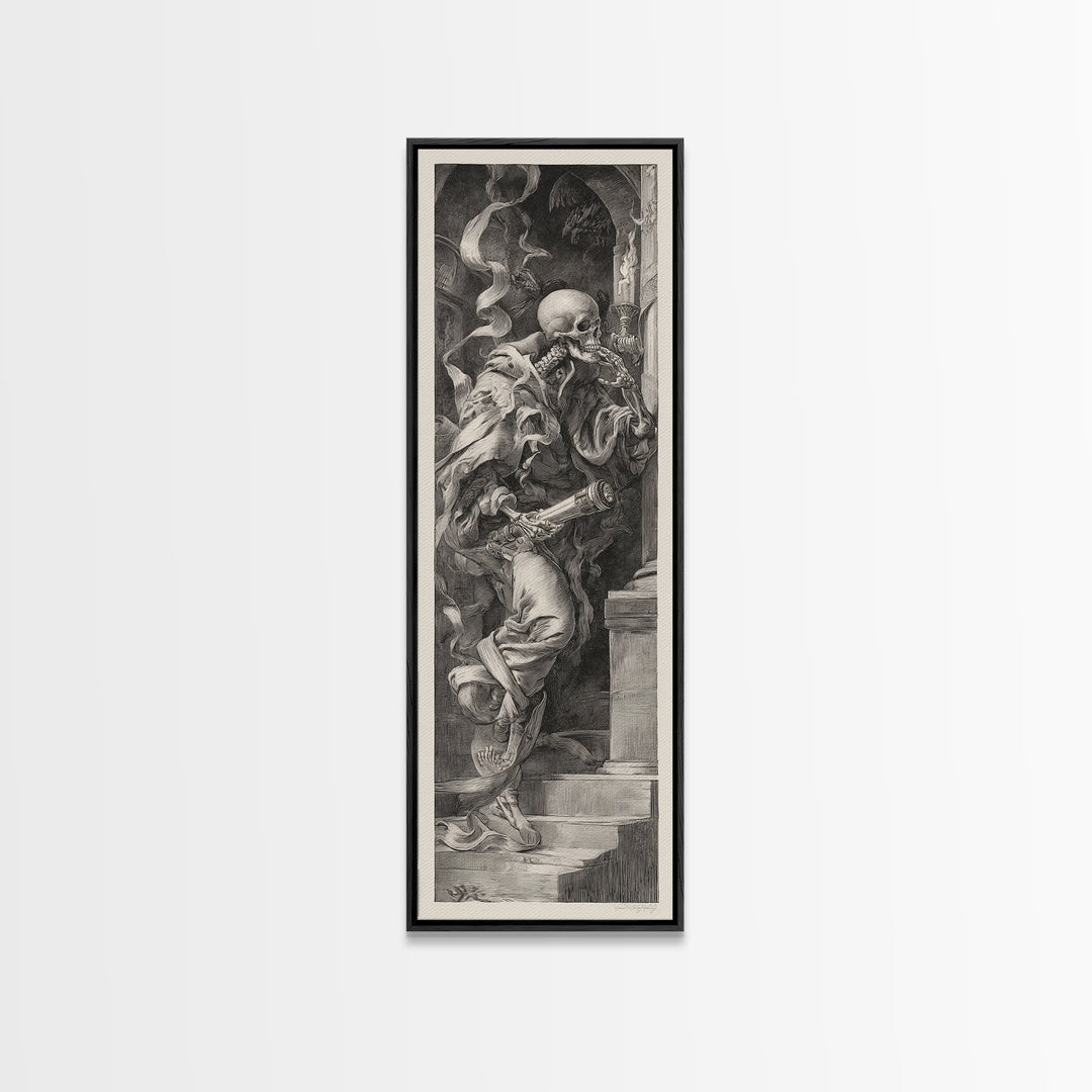 The Skull Astronomer, Architectural Etching Art, Tall Narrow Wall Art, Gothic Horror Wall Art, Framed Canvas Print