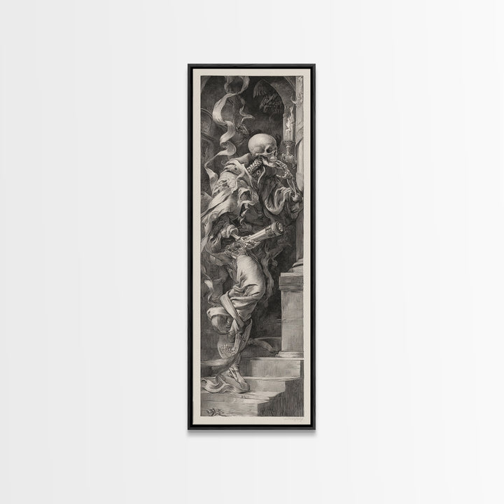 The Skull Astronomer, Architectural Etching Art, Tall Narrow Wall Art, Gothic Horror Wall Art, Framed Canvas Print