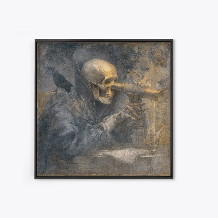 The Skull Astronomer, Symbolist Dream Art, Square Wall Art, Dark Fantasy Wall Art, Framed Canvas Print, Halloween Wall Art