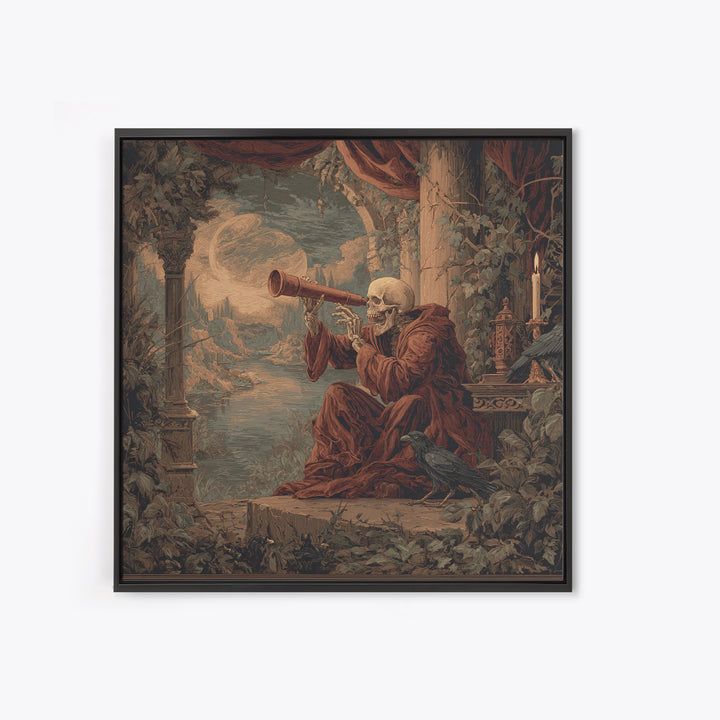 The Skull Astronomer, Symbolist Gothic Landscape, Square Wall Art, Dark Halloween Decor, Canvas Print, Halloween Wall Art
