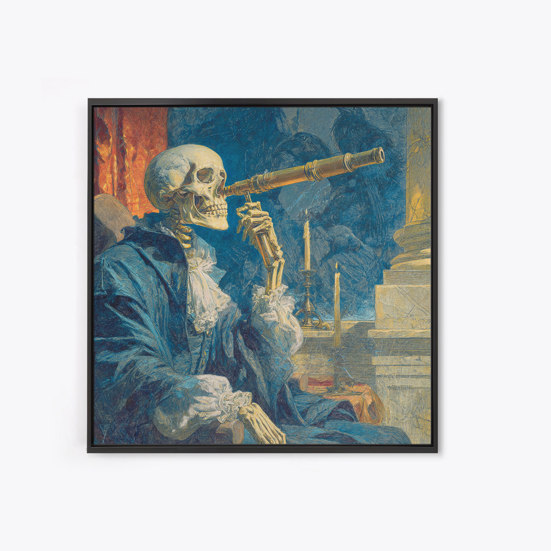 The Skull Astronomer, Symbolist Etching Art, Square Wall Art, Dark Fantasy Wall Art, Framed Canvas Print, Halloween Wall Art