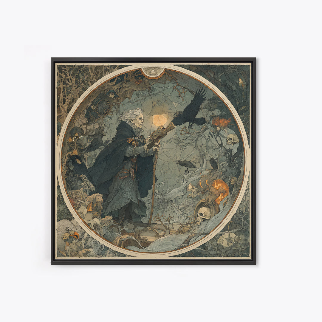 The Skull Astronomer, Gothic Storybook Art, Square Wall Art, Macabre Wall Art, Framed Canvas Print, Halloween Wall Art