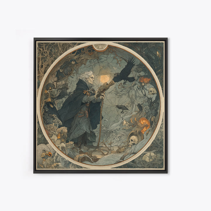 The Skull Astronomer, Gothic Storybook Art, Square Wall Art, Macabre Wall Art, Framed Canvas Print, Halloween Wall Art
