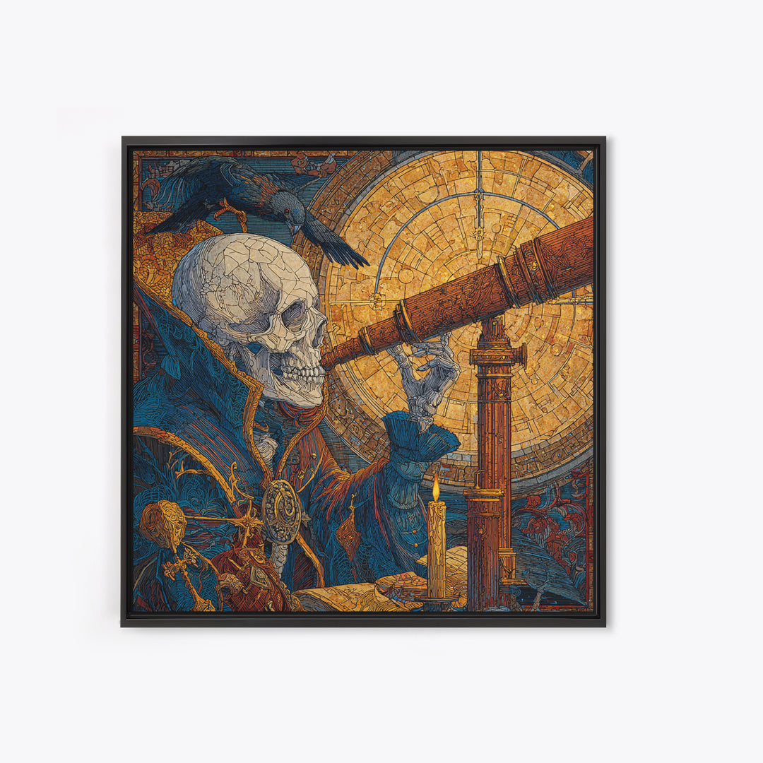 The Skull Astronomer, Stained Glass Gothic Art, Square Wall Art, Dark Halloween Decor, Canvas Print, Halloween Wall Art, Statement Wall Art