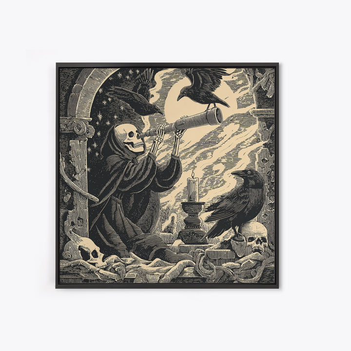 The Skull Astronomer, Macabre Folk Print Art, Square Wall Art, Gothic Horror Wall Art, Framed Canvas Print, Halloween Wall Art
