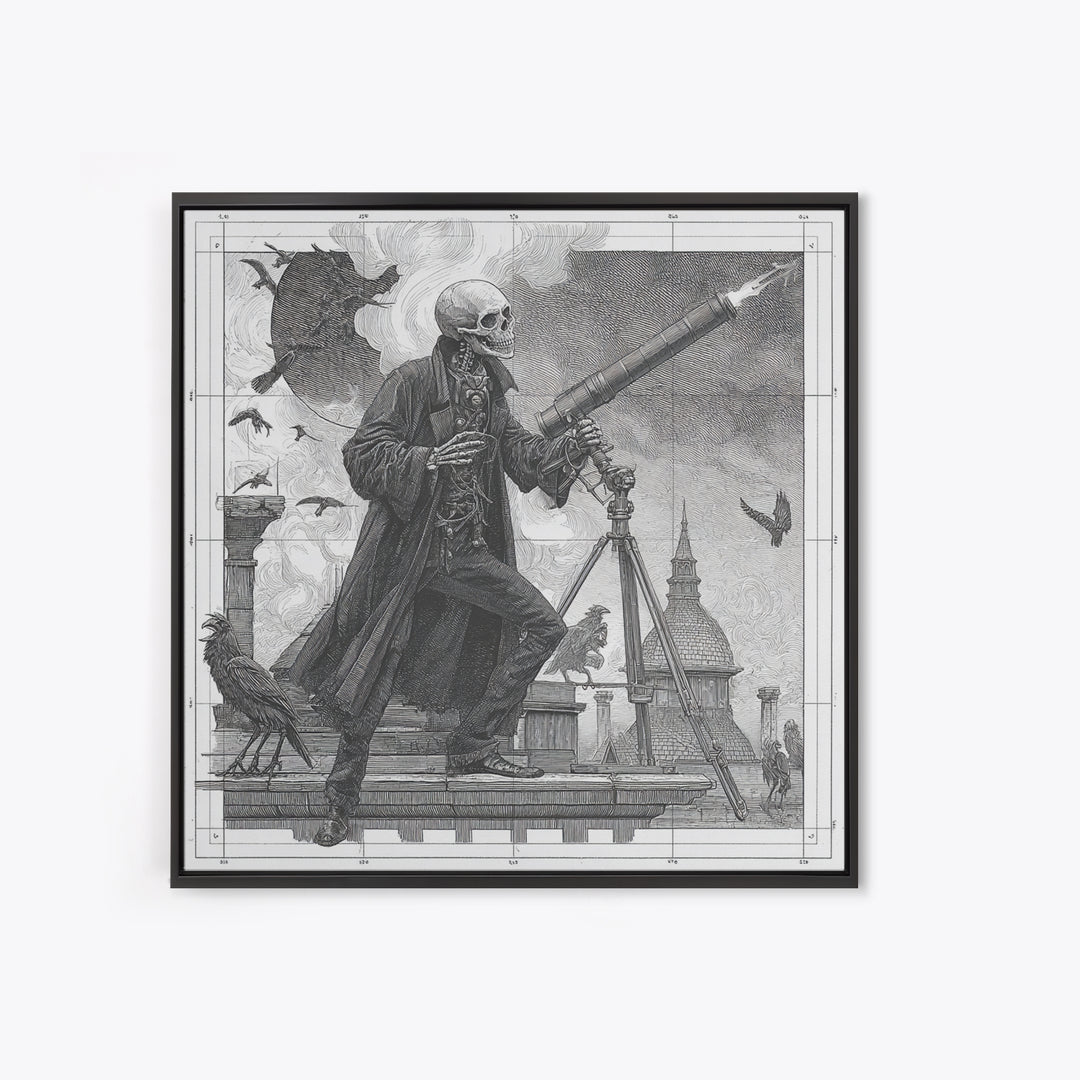 The Skull Astronomer, Victorian Macabre Art, Square Wall Art, Macabre Wall Art, Framed Canvas Print, Halloween Wall Art