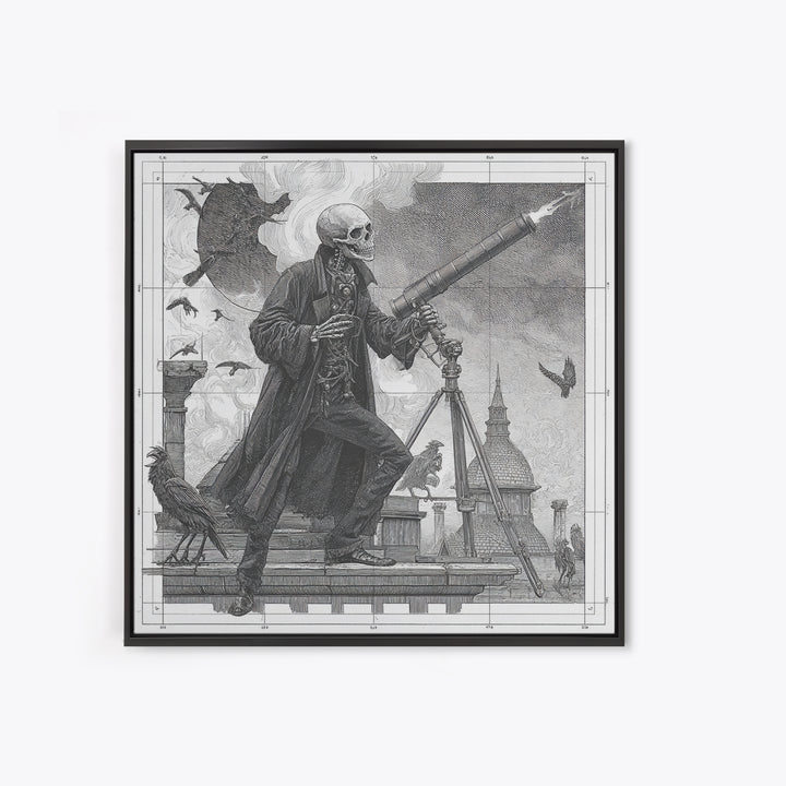 The Skull Astronomer, Victorian Macabre Art, Square Wall Art, Macabre Wall Art, Framed Canvas Print, Halloween Wall Art