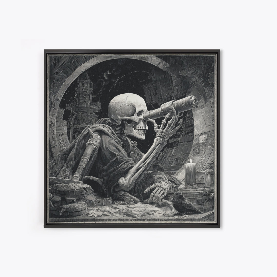 The Skull Astronomer, Biomechanical Horror Art, Square Wall Art, Dark Halloween Decor, Canvas Print, Halloween Wall Art