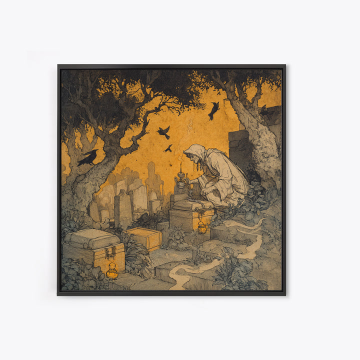The Cemetery Beekeeper, Gothic Storybook Art, Square Wall Art, Dark Halloween Decor, Canvas Print, Halloween Wall Art