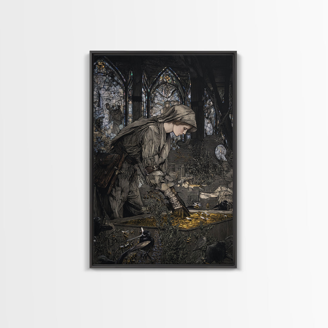 The Cemetery Beekeeper, Stained Glass Gothic Art, Vertical Wall Art, Dark Halloween Decor, Framed Canvas Print, Halloween Wall Art