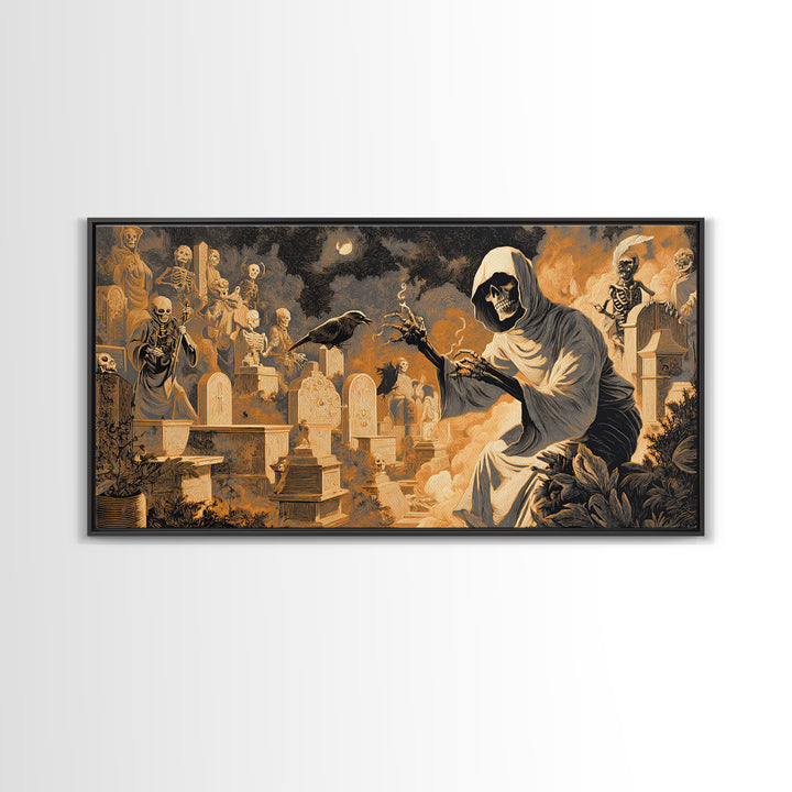 The Cemetery Beekeeper, Macabre Folk Print Art, Wide Panoramic Art, Dark Fantasy Wall Art, Canvas Print, Halloween Wall Art