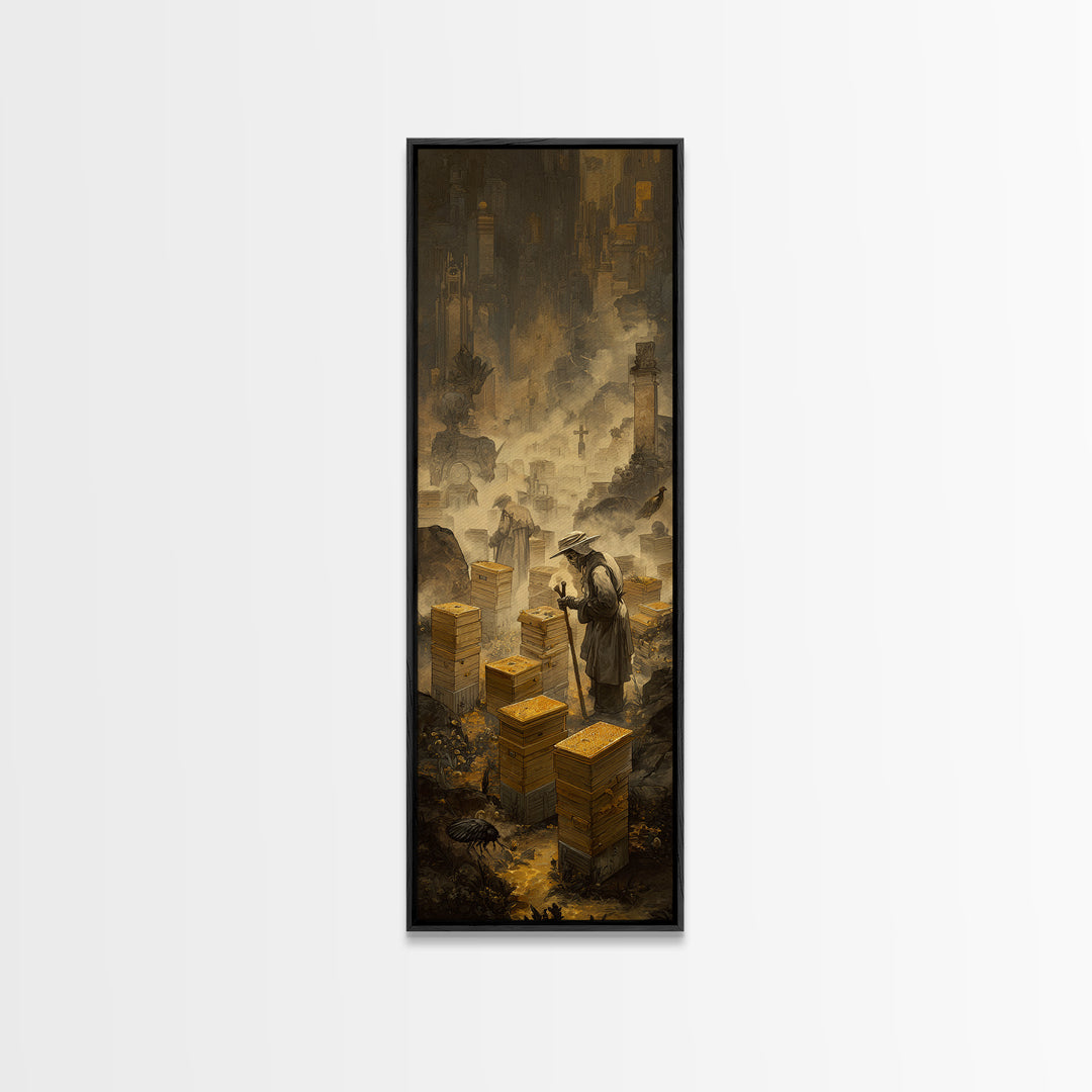 The Cemetery Beekeeper, Surreal Apocalyptic Art, Tall Narrow Wall Art, Dark Fantasy Wall Art, Framed Canvas Print, Macabre Wall Art