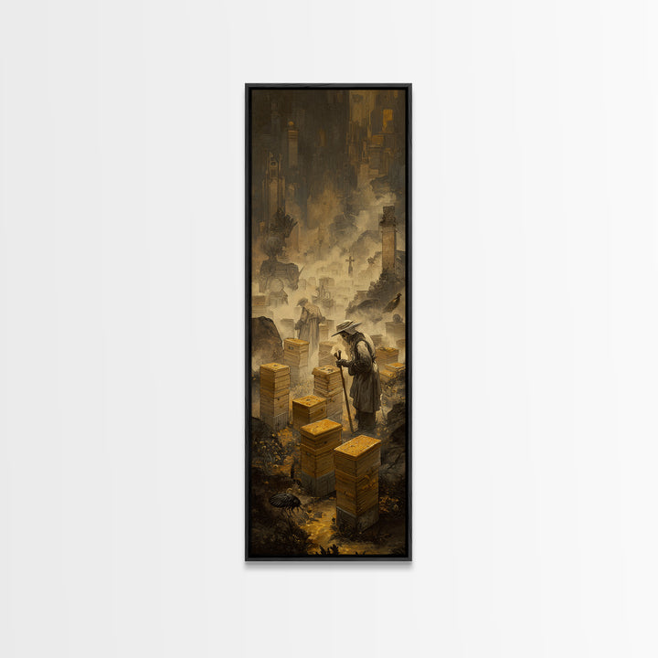 The Cemetery Beekeeper, Surreal Apocalyptic Art, Tall Narrow Wall Art, Dark Fantasy Wall Art, Framed Canvas Print, Macabre Wall Art