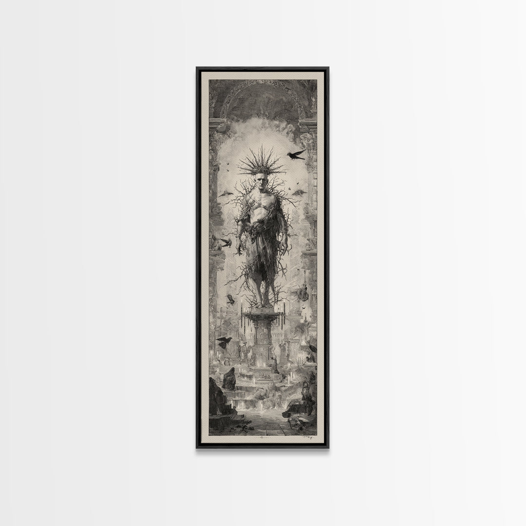 The Thorn-Crowned King, Architectural Etching Art, Tall Narrow Wall Art, Gothic Horror Wall Art, Canvas Print