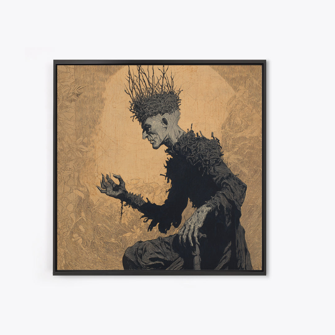 The Thorn-Crowned King, Symbolist Etching Art, Square Wall Art, Dark Halloween Decor, Framed Canvas Print, Halloween Wall Art