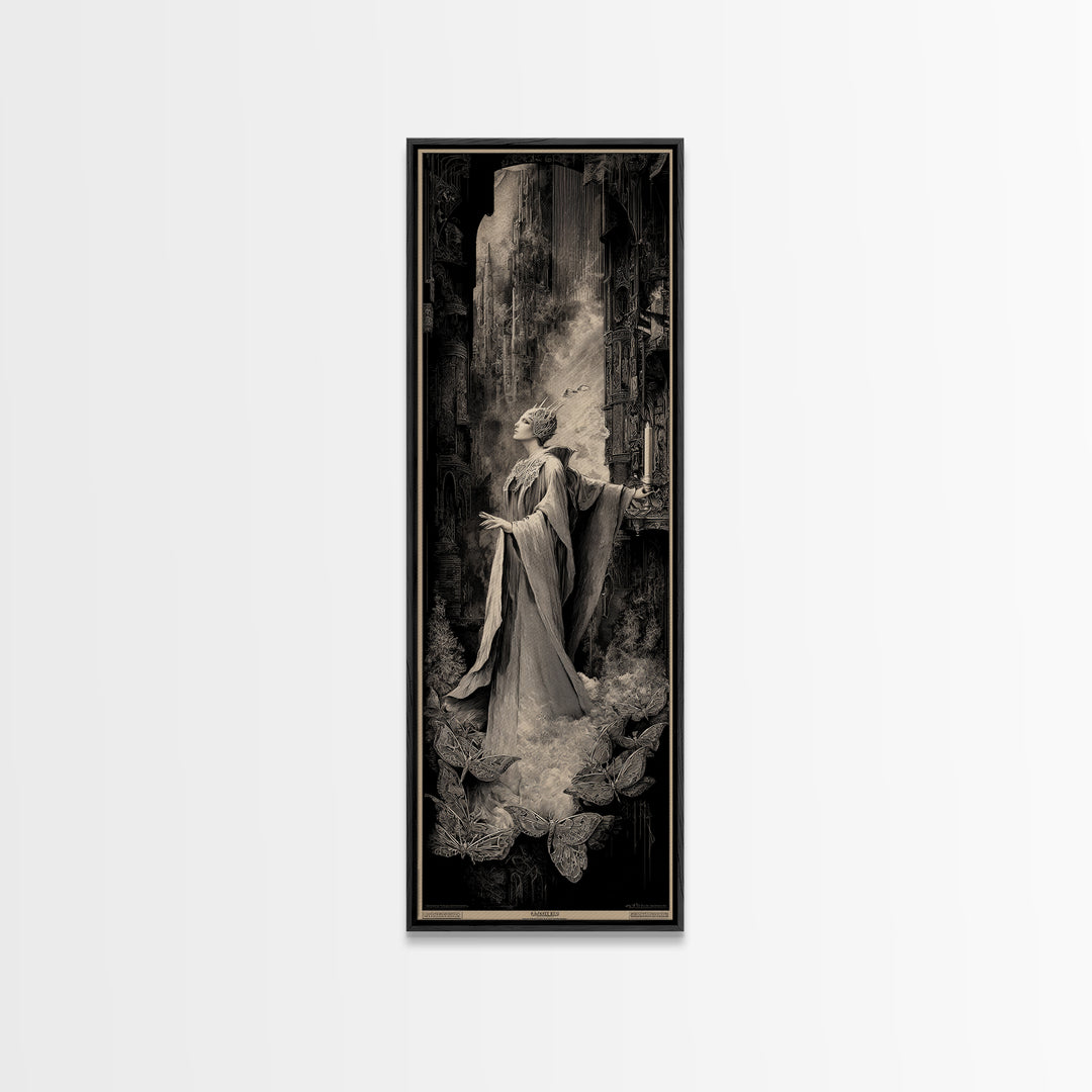 The Moth-Winged Empress, Gothic Engraving Art, Tall Narrow Wall Art, Dark Fantasy Wall Art, Framed Canvas Print, Halloween Wall Art