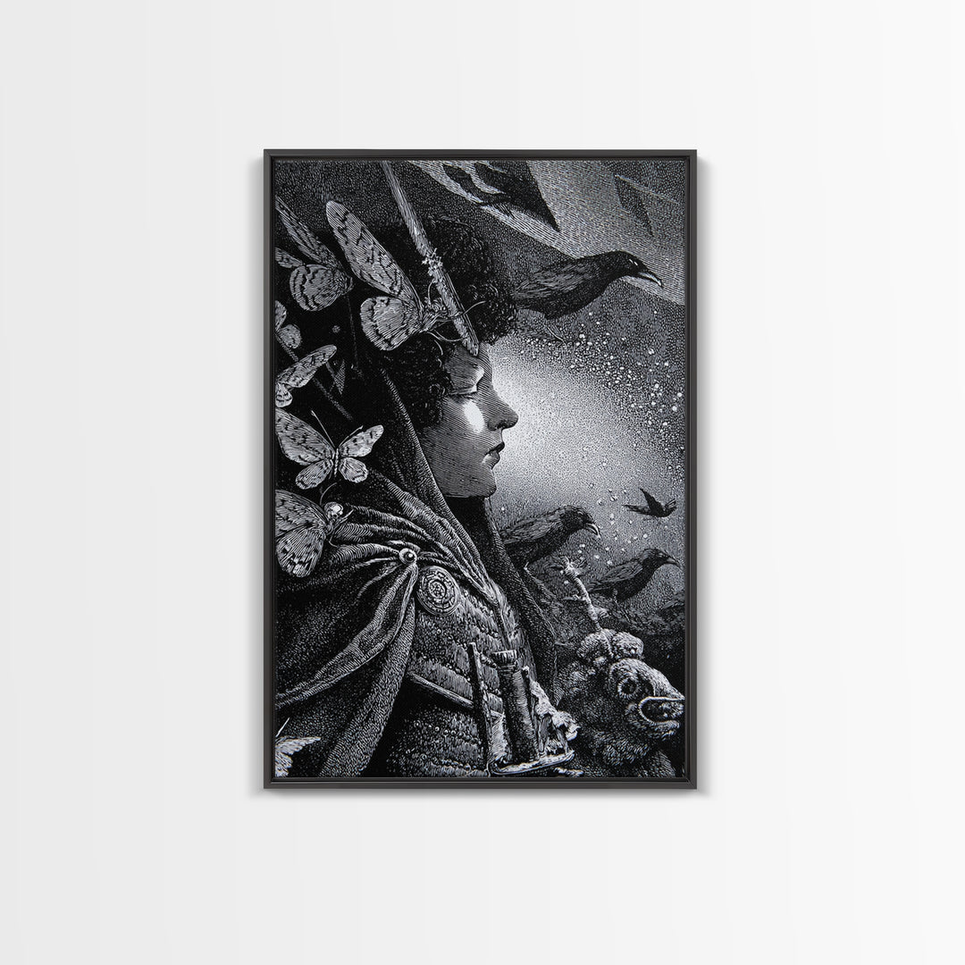 The Moth-Winged Empress, Renaissance Engraving Art, Vertical Wall Art, Macabre Wall Art, Framed Canvas Print, Halloween Wall Art