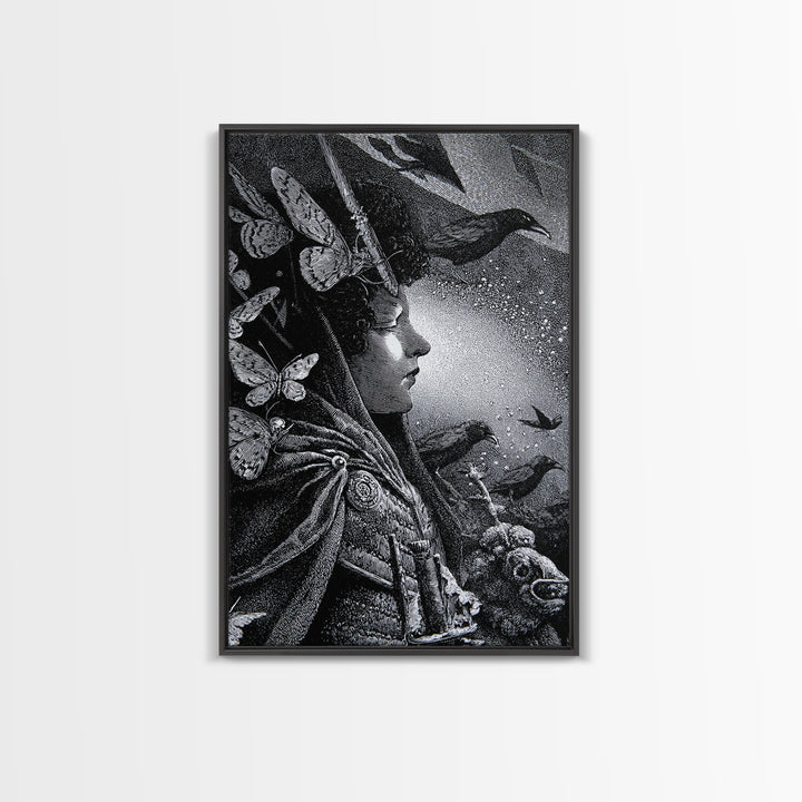 The Moth-Winged Empress, Renaissance Engraving Art, Vertical Wall Art, Macabre Wall Art, Framed Canvas Print, Halloween Wall Art
