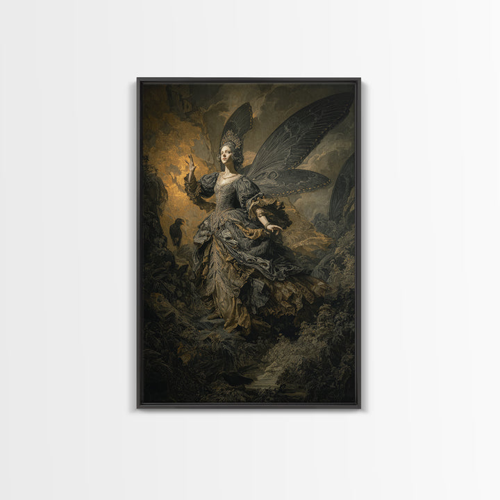 The Moth-Winged Empress, Baroque Witchcraft Art, Vertical Wall Art, Dark Halloween Decor, Framed Canvas Print, Halloween Wall Art