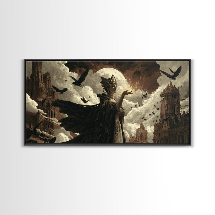 The Moth-Winged Empress, Apocalyptic Romantic Art, Wide Panoramic Art, Dark Fantasy Wall Art, Framed Canvas Print, Halloween Wall Art