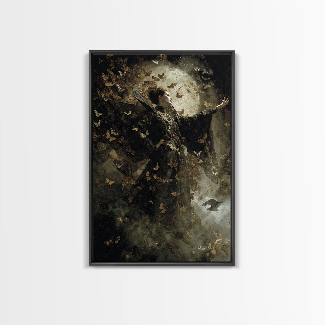The Moth-Winged Empress, Dark Symbolist Art, Vertical Wall Art, Macabre Wall Art, Framed Canvas Print, Halloween Wall Art