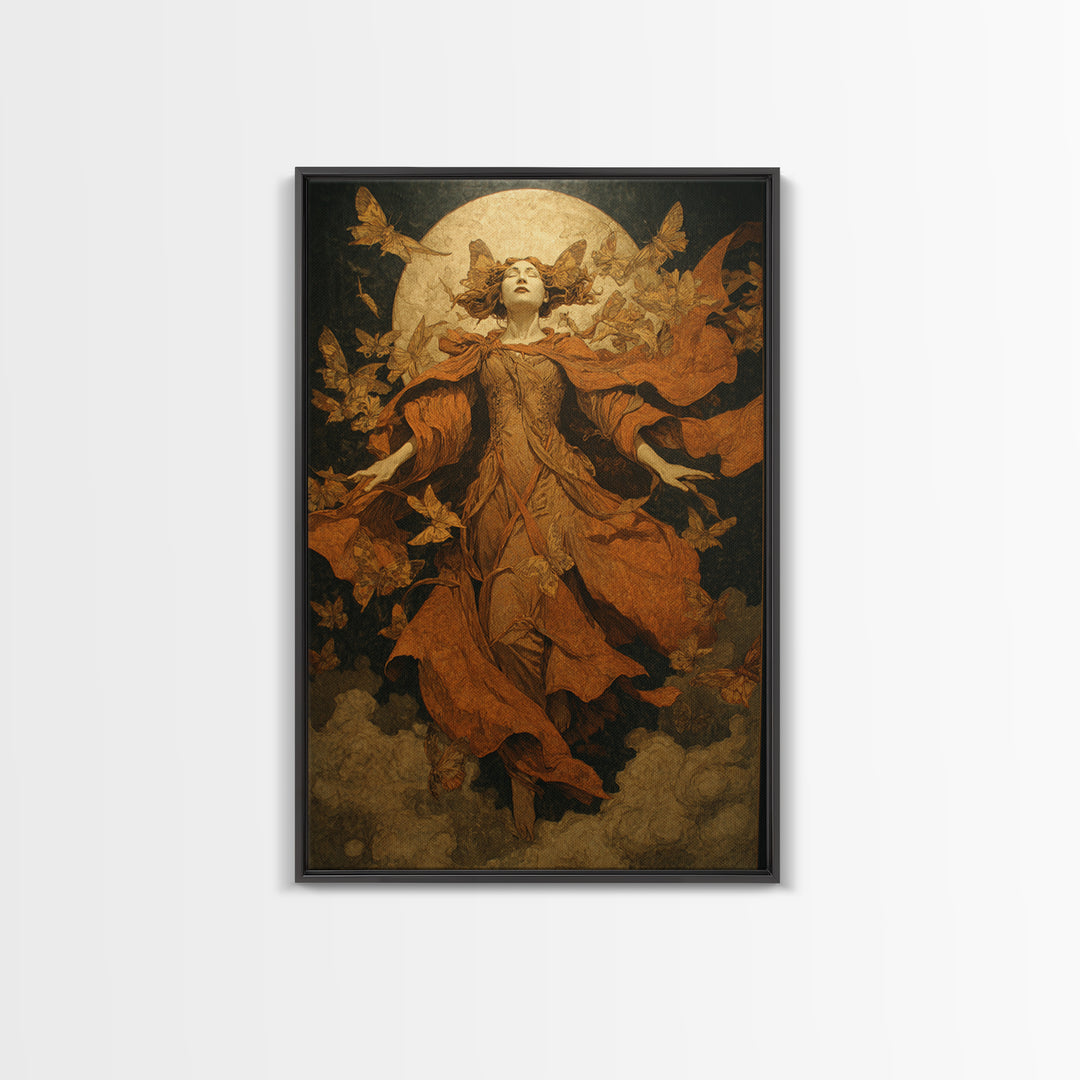 The Moth-Winged Empress, Symbolist Etching Art, Vertical Wall Art, Gothic Horror Wall Art, Framed Canvas Print, Halloween Wall Art