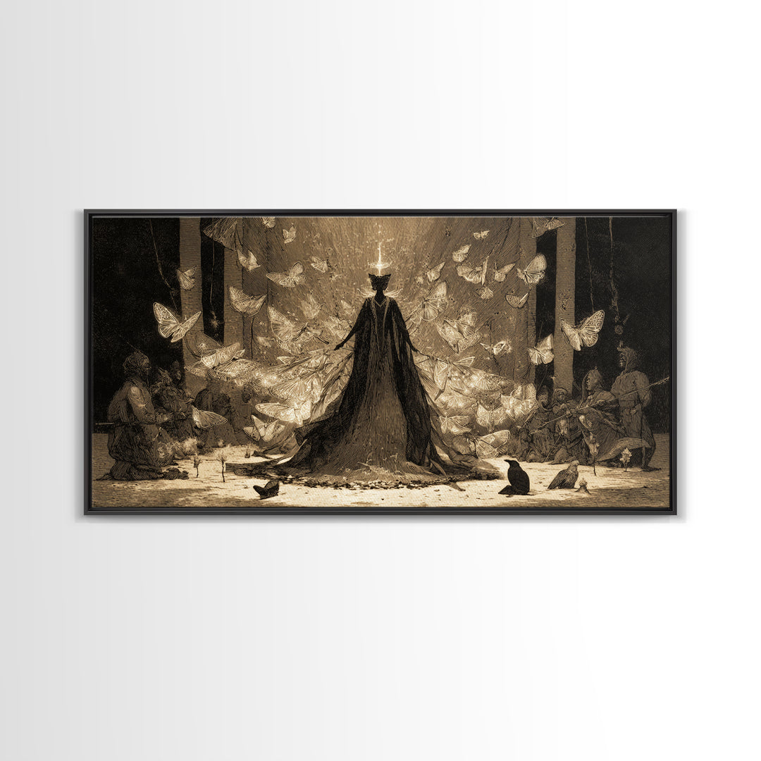 The Moth-Winged Empress, Expressionist Nightmare Art, Wide Panoramic Art, Dark Halloween Decor, Framed Canvas Print, Halloween Wall Art