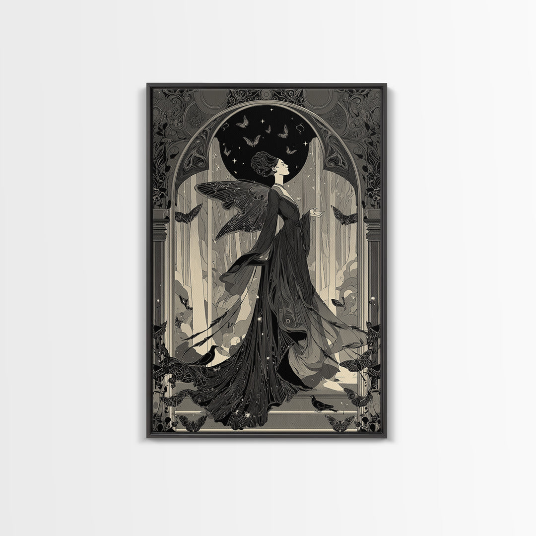 The Moth-Winged Empress, Decadent Line Art, Vertical Wall Art, Gothic Horror Wall Art, Framed Canvas Print, Halloween Wall Art